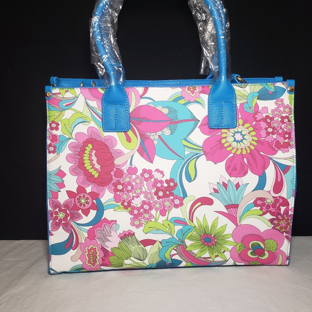 Trina Turk Floral Printed Satchel (large Bag) Blue and Pinks Print
